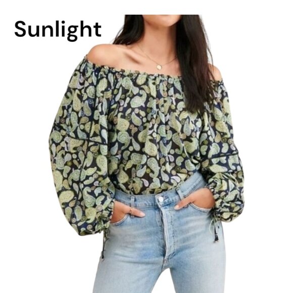 FREE PEOPLE Women SZ L Off-Shoulder Boho Paisley Print Bodysuit Top Long Sleeves - Picture 1 of 14